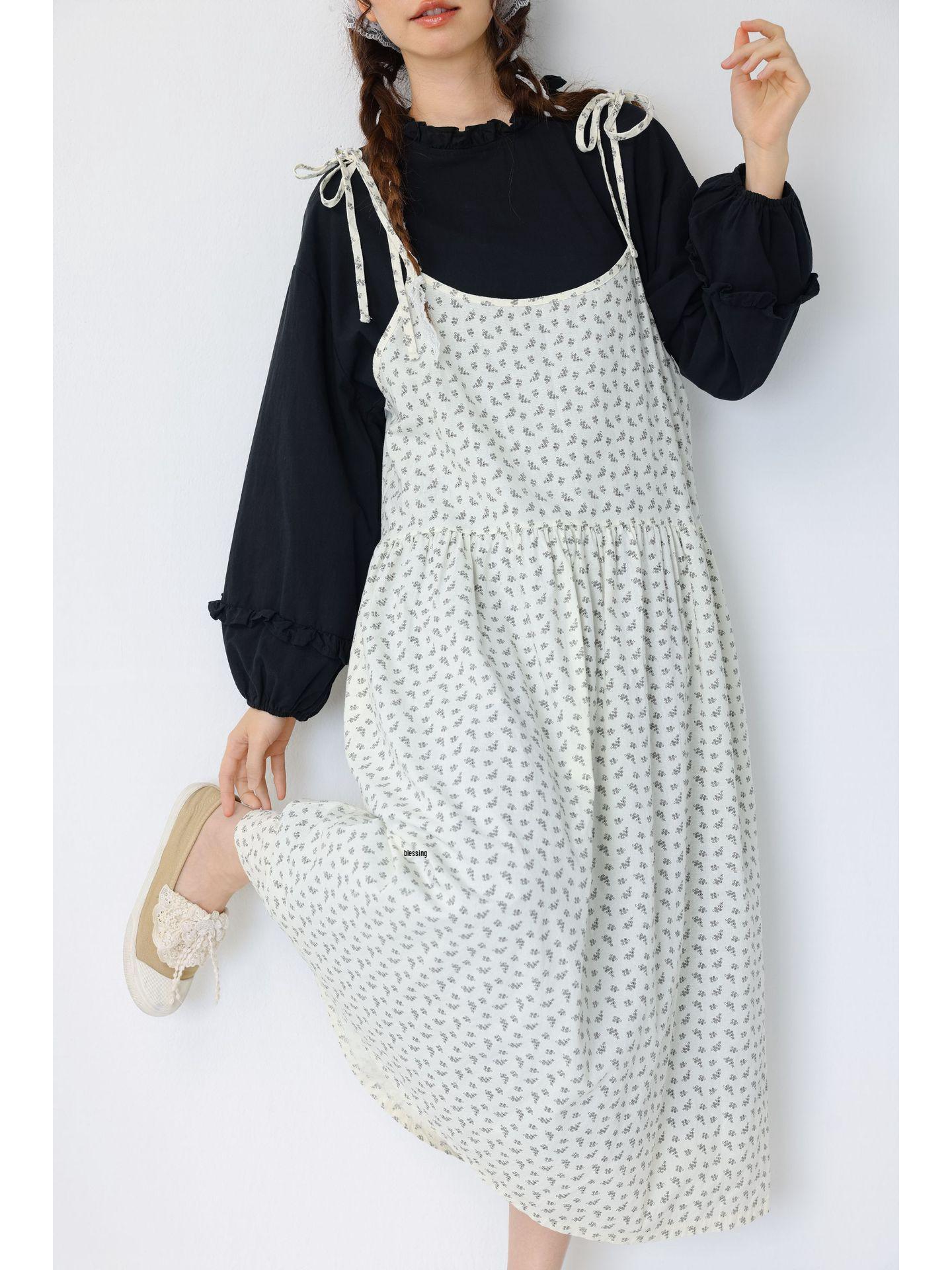 

2026 Spring/Summer Mori Style Floral Lace-Up Camisole Dress - Loose, Layered & Versatile One Size абрикосовий