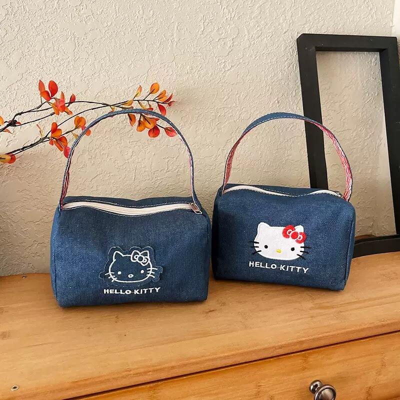 Cartoon Kitty Cat Denim Handbag Portable Kawaii Plush Bags Casual Handbag Cute Kitty Cat Makeup Bag Girls Women's shoulder bag