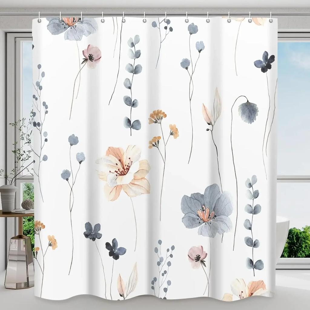 Watercolour Floral Shower Curtain Spring Sage Floral Botanical Curtain Polyester Fabric Shower Curtain Bathroom Decor with Hooks