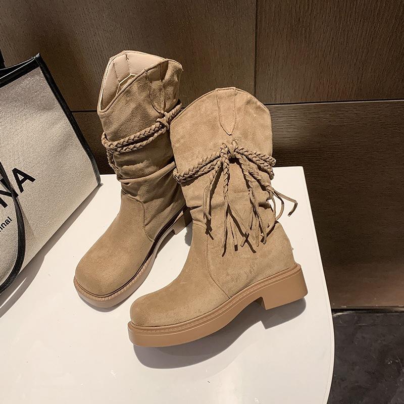 Soft Leather Version~~ Retro Wasteland Wind Fringed Knight Boots Thick Heel But Knee Long Boots Skinny Pile Medium Boots Women