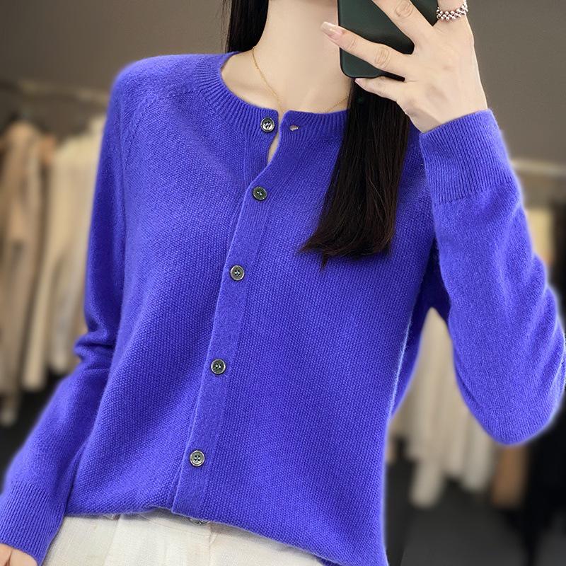 Women's Osmanthus Stitch Wool Cardigan - Round Neck, Loose Fit, Button-Up, Casual Knitwear Outerwear