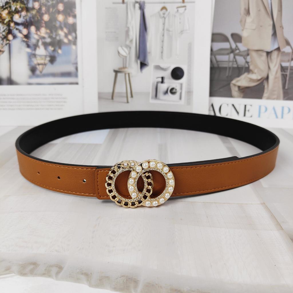 Colored Lychee Pattern Cowhide Belt Women'S Double Circle Pearl Smooth Buckle Simple Dress Belt
