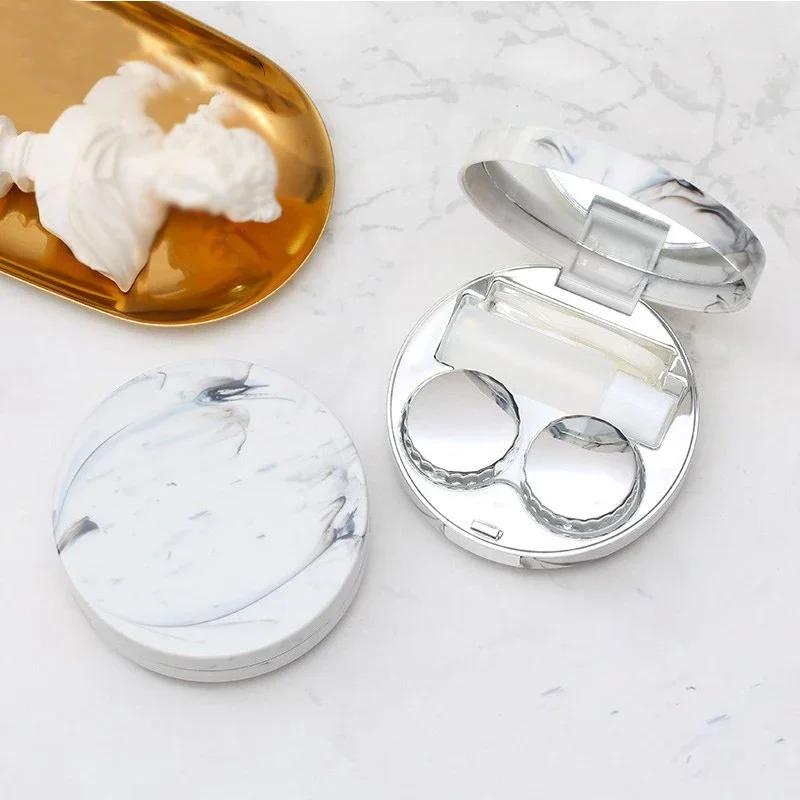 1PC - Round Marble Pattern Beauty Eye Contact Lens Box Dual Case Storage Lens Box Contact Lens Dual Case