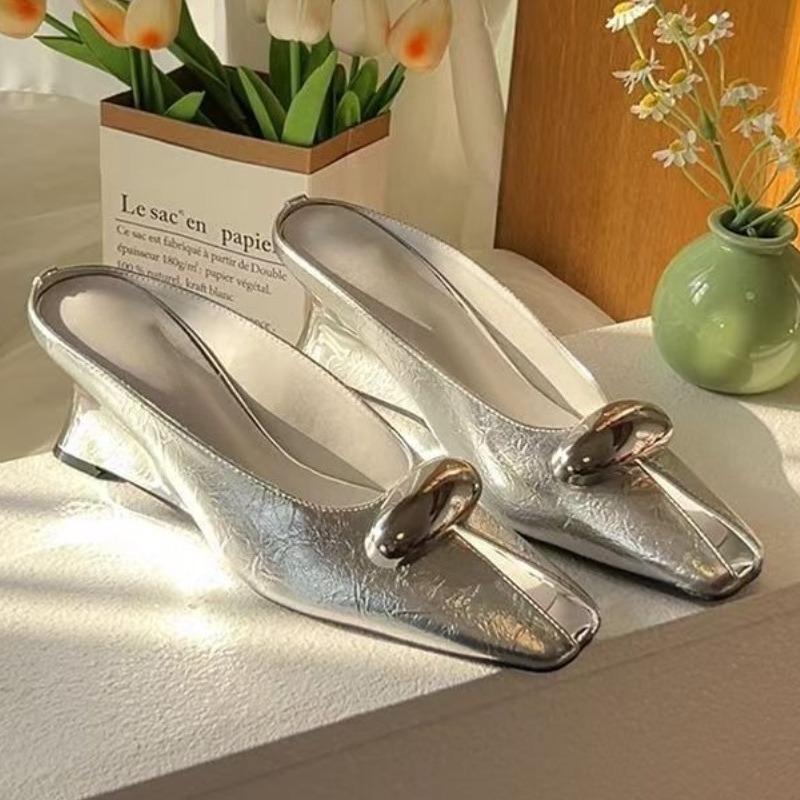 Fashion Square Toe Women Slippers Mules Sandals High Heels Shoes Woman Loafers 2025 Trend Designer Summer Shallow Soft  Slides