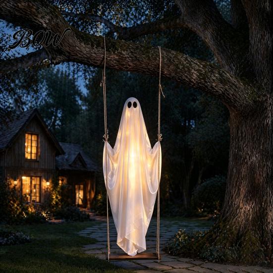 Funny Halloween Yard Art Hanging Swinging Ghost Decoration, LED Light Up Large Spooky Holiday Garden Decor with Remote Control for Outside Porch Tree,