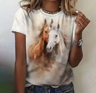 Women's T-Shirt Summer Vintage Women's T-Shirt Horse 3D Printed T-Shirt Men's and Women's Fashion, Comfortable, Crew Neck, Short Sleeve T-Shirt
