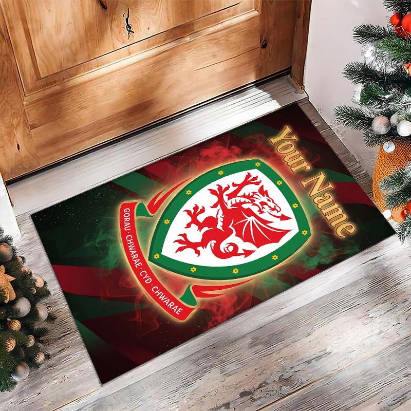 Wales Rugby Crystal Velvet Rug, Custom Name Text Personalized Non‑Slip Floor Mat for Home Decor Gift