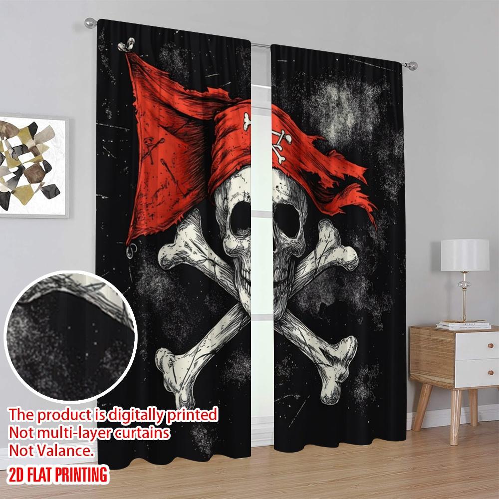2 Stück, 2D-Flachdruckmuster Vorhänge Piratenemblem Polyesterstoff (ohne Stange) Urlaubs-Ldeal für Schlafzimmer & verschiedene Wohnbereiche