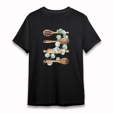 Women's  Classic T-Shirt Wooden Utensils With Green Leaf Cotton Plus Size Tee