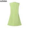 VONDA Women Elegant Round Neck Sleeveless Solid Casual Pleated Dress No Belt