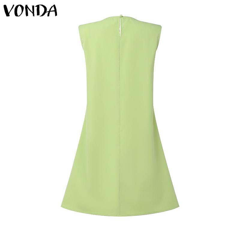 VONDA Women Elegant Round Neck Sleeveless Solid Casual Pleated Dress No Belt