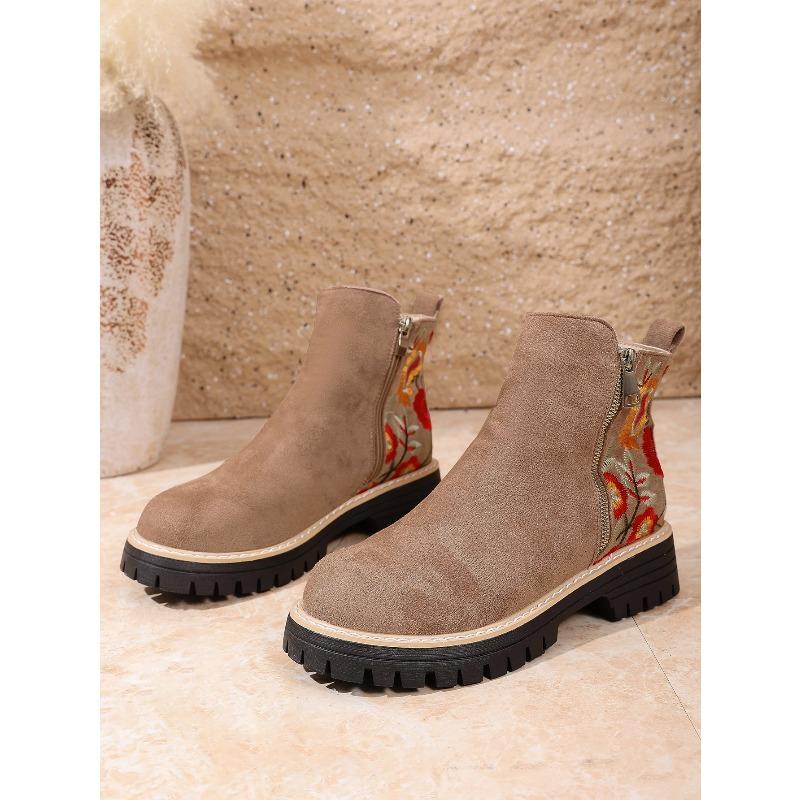 Winter 2025 Suede Print Booties Women's Plus Size Side Zipper Vintage Round Toe Muffin Martin Boots