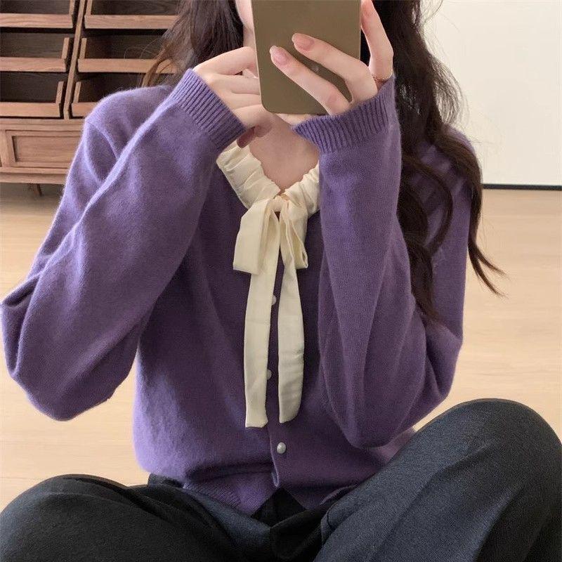 Autumn/Winter 2023 Women s Bowknot Puff Sleeve Sweater - Girly Creased Knitwear XL фиолетовый