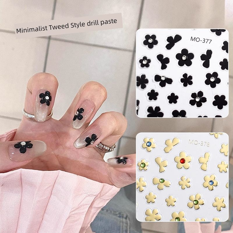 

Classic Style Small Flower Nail Sticker Bright Crystal Embossed Flower Black Gold Adhesive Nail Sticker Ins Nail Sticker Tweed Style Crystal drill stickers 2