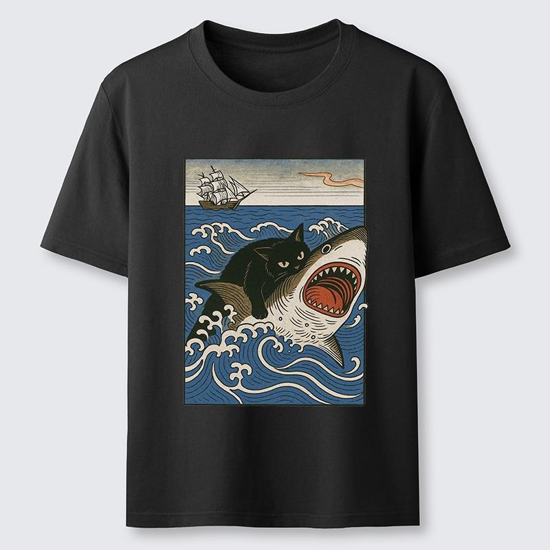 Cat Hunting Shark Classic T-Shirt Fashion Short Sleeve O-neck Pure Cotton Tees Men's Sports Harajuku Chic Tunics Oversize