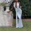 Elegant Halter Neck Deep V Waist-Cinching Long Fishtail Dress with Open Back and Flowing Ribbon