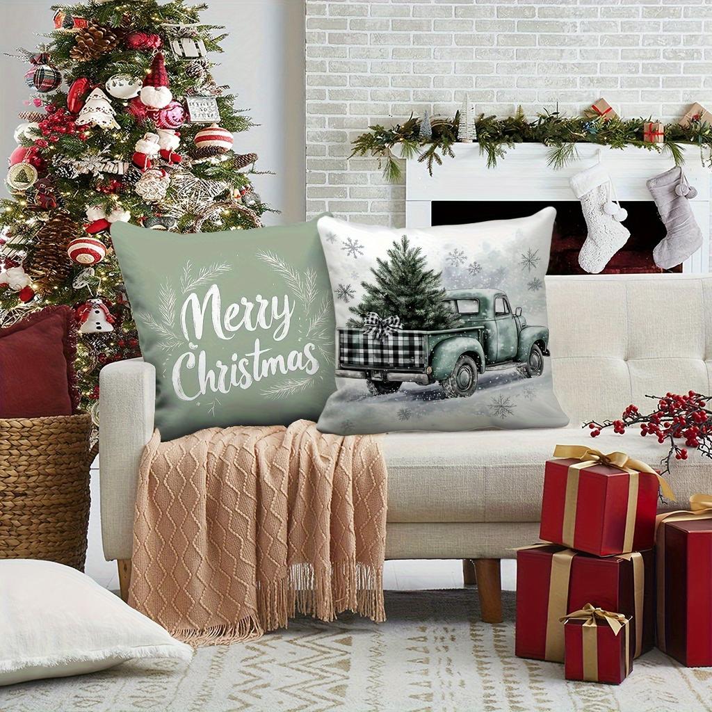 Christmas Pillowcase: Green Card Car Pine, Tree View and Warm Greetings New Year Home Decoration 2d Flat Printing