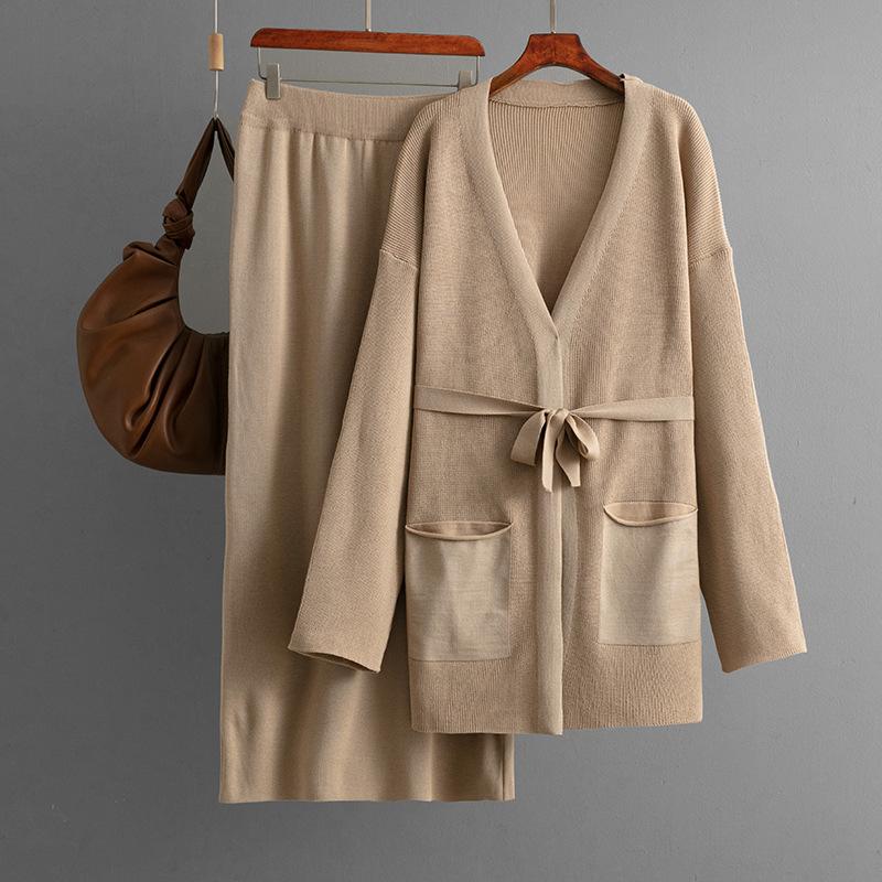 A Two-piece Fashion Suit for Women's Autumn and Winter, Featuring A V-neck Loose Knitted Lace-up Cardigan, Jacket and Skirt