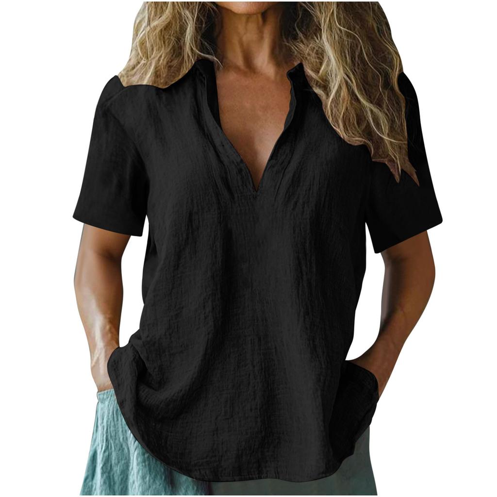 Womens Linen Short Sleeve V Neck Casual Blouse Loose Fit Lightweight Summer Top for Daily Work Travel Beach Wear