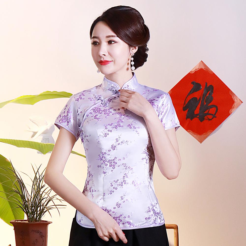 Oriental Style Ladies Traditional Shirt Summer Flower Rayon Chinese Blouse Pink Elegant Tops Tang Clothes