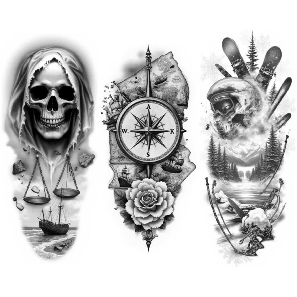 3pcs Temporary Tattoo Tattoo Design Realistic Temporary Tattoos Skull Barn Black And Grey Realism Web For Adults Men Thighs