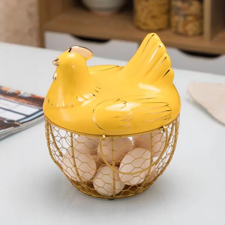Cute Hen-shaped Egg Storage Basket Metal Wrought Iron Egg Basket with Lid Kitchen Food Debris Storage Container Home Decoration