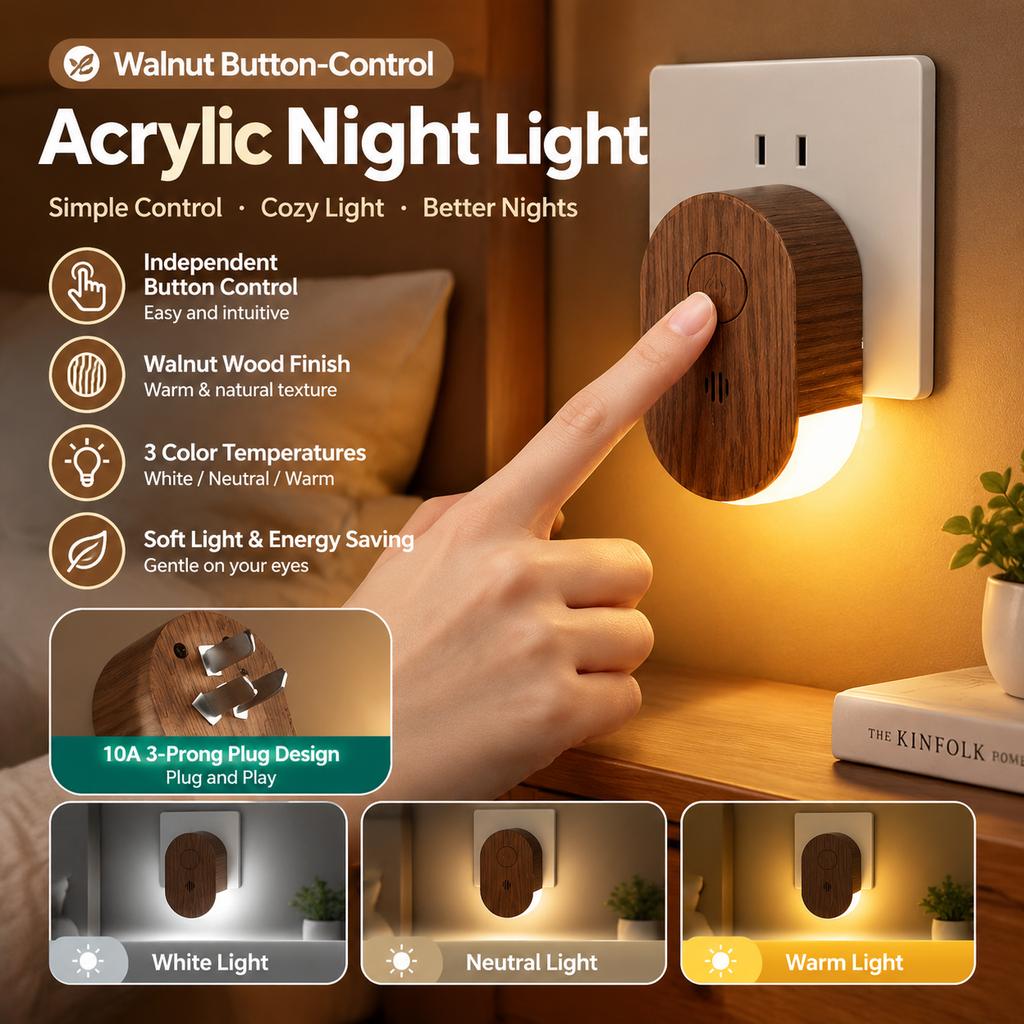 Acrylic Plug-in Night Light, 1W, 3 Color Temperatures