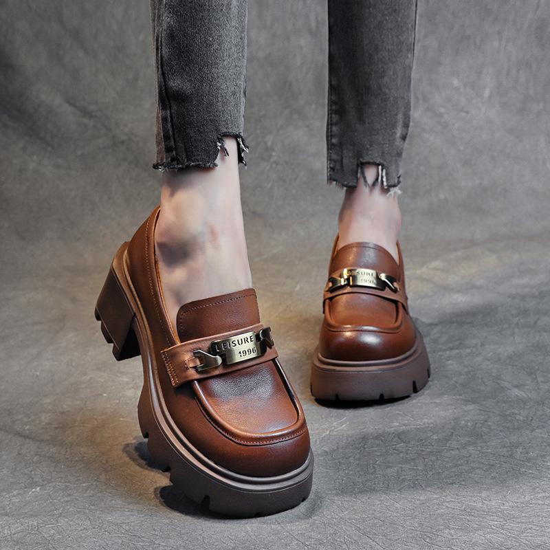 The First Layer of Cowhide Loafers for Women's Spring and Autumn 2025 New Leather Muffin Thick-soled One-pedal Casual Women's Single Shoes