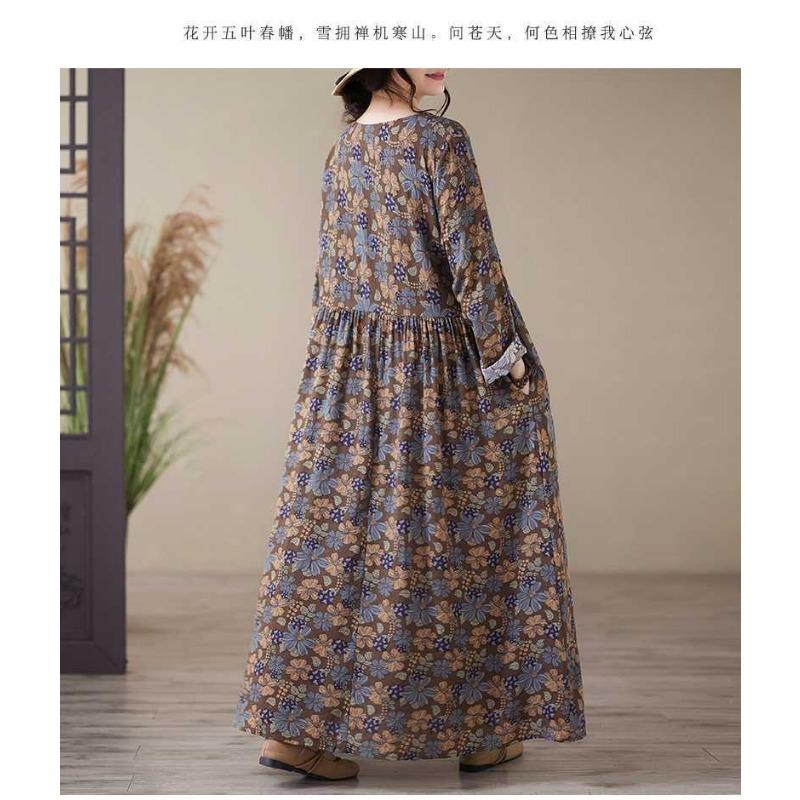 Printed Round Neck Loose Plus Size Long Sleeve Plus Cover Up Dresses