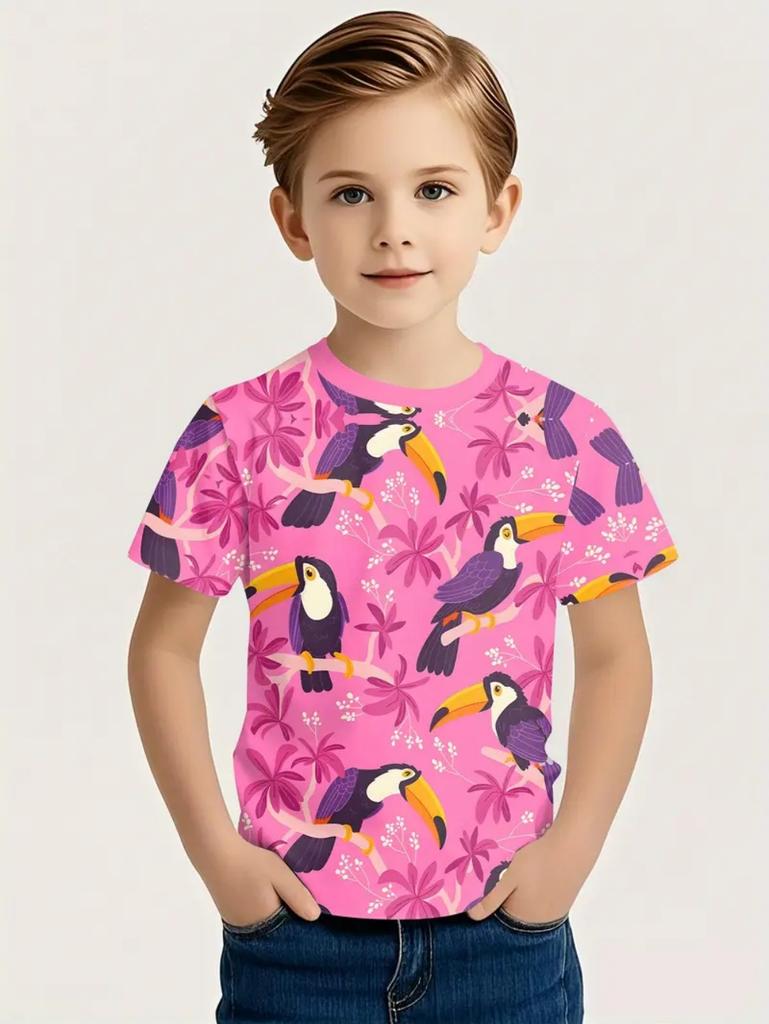 Kids' Tropical Macaw Parrots Beach Print Short Sleeve T-Shirt Summer Animal Graphic Tee