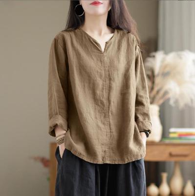 Spring Summer Women's Retro Cotton Shirt  Casual V-neck Long Sleeve Cotton Blouse Tops