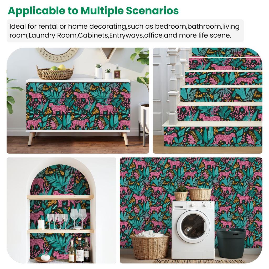 Leopard Tropical Leaves Bright Wallpaper 22.83"X118" Waterproof Wallpaper for Living Room/Bedroom/Bathroom PVC Wall Sticker