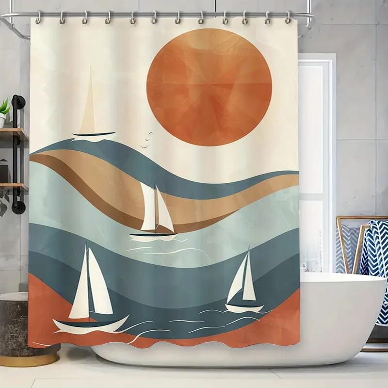 Vivid Ocean Sunset Sailboat Shower Curtain Blue Gray White Decorative Bath Fabric Modern Home Bathroom Waterproof Liner for Kids