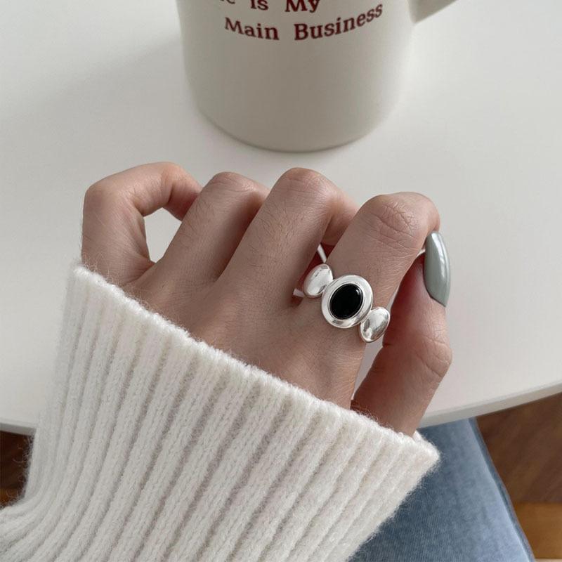 PANJBJ 925 Sterling Silver Geometric Black Stone Rings for Women Girl Korean Simple Adjustable Couple Jewelry Dropshipping