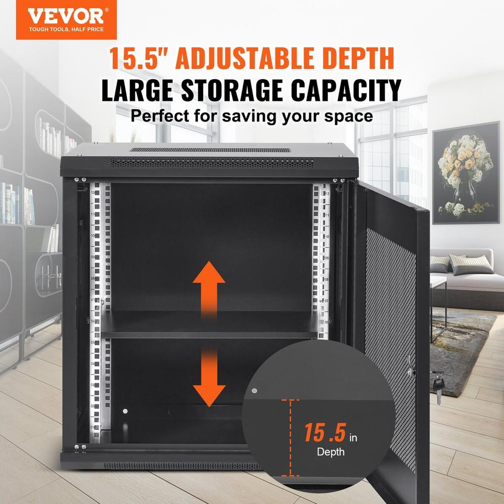 12U Wall Mount Network Server Cabinet, 15.5'' Deep, Server Rack Cabinet Enclosure, 200 lbs Max. Ground-mounted Load Capacity, with Locking Door Side