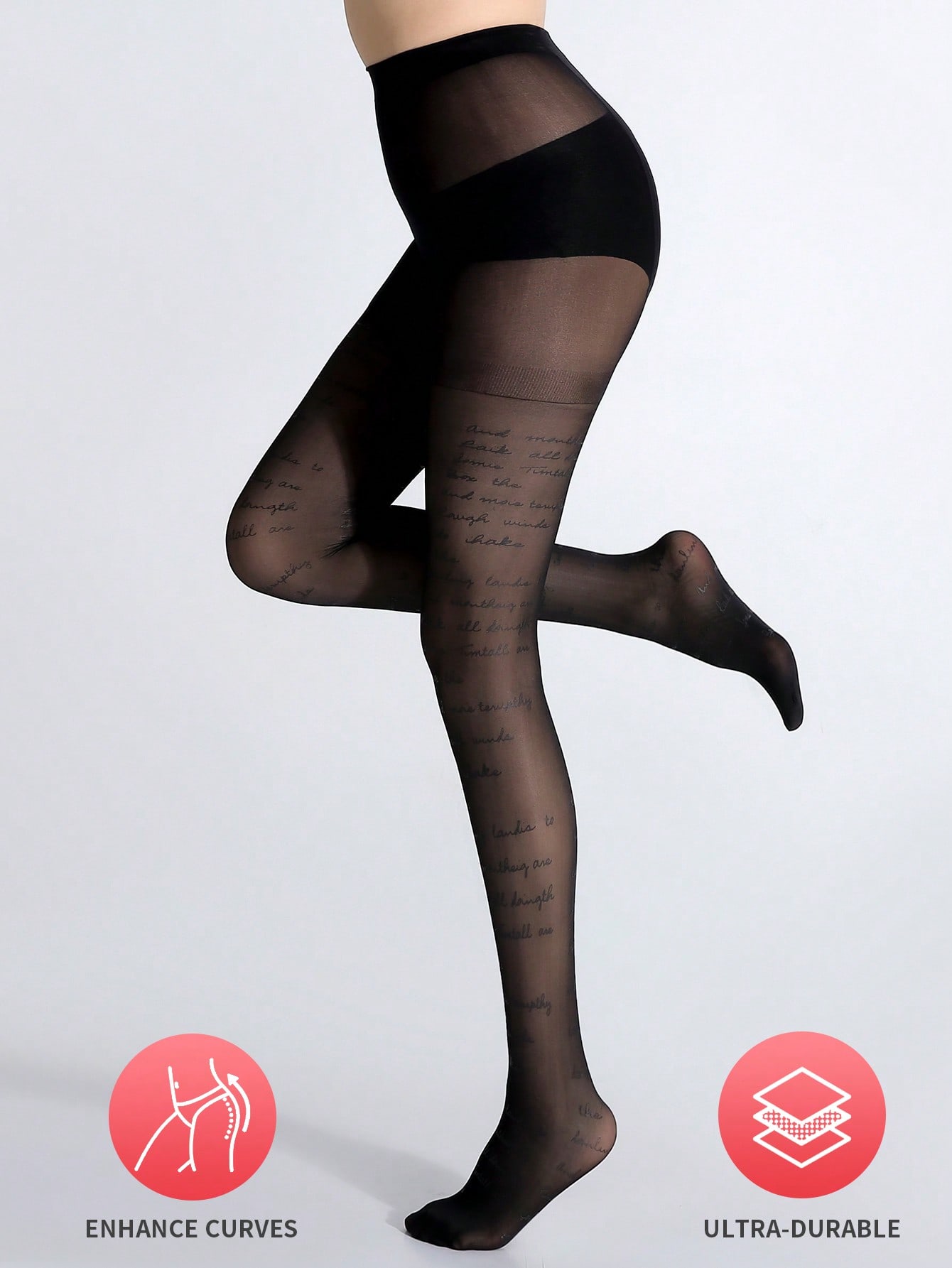 

1 Pair Women Black Script Letter Pattern Lightweight Cool Sheer Flirty Pantyhose Summer S