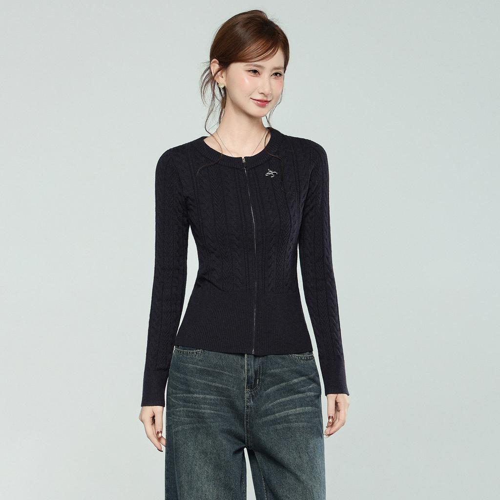Navy blue twist long-sleeved knitted sweater jacket winter new bottoming shirt with slim-fitting thickened cardigan top women