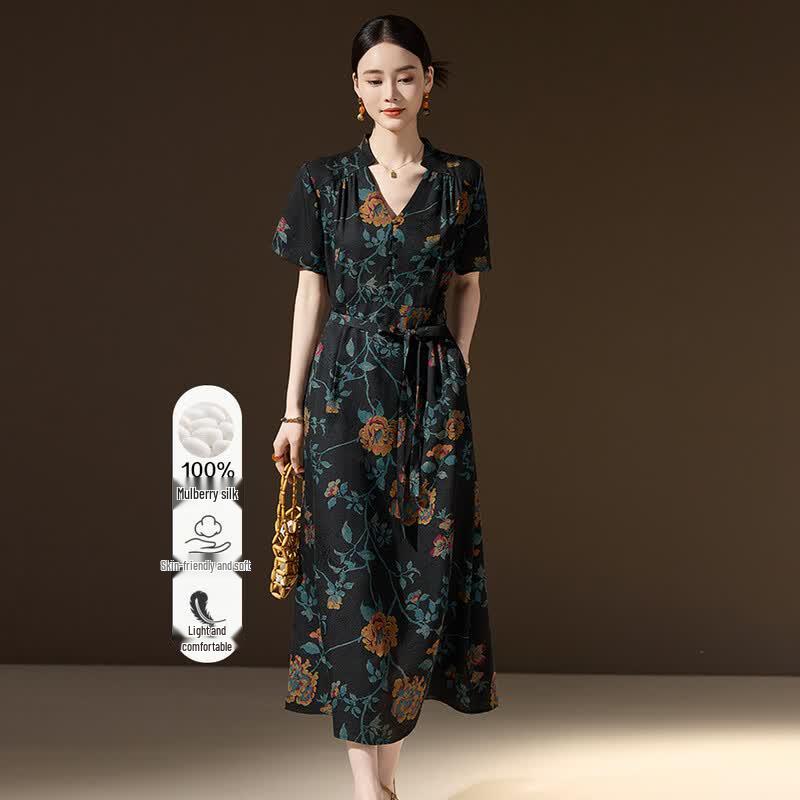Mulberry Silk Printed V-Neck Dress