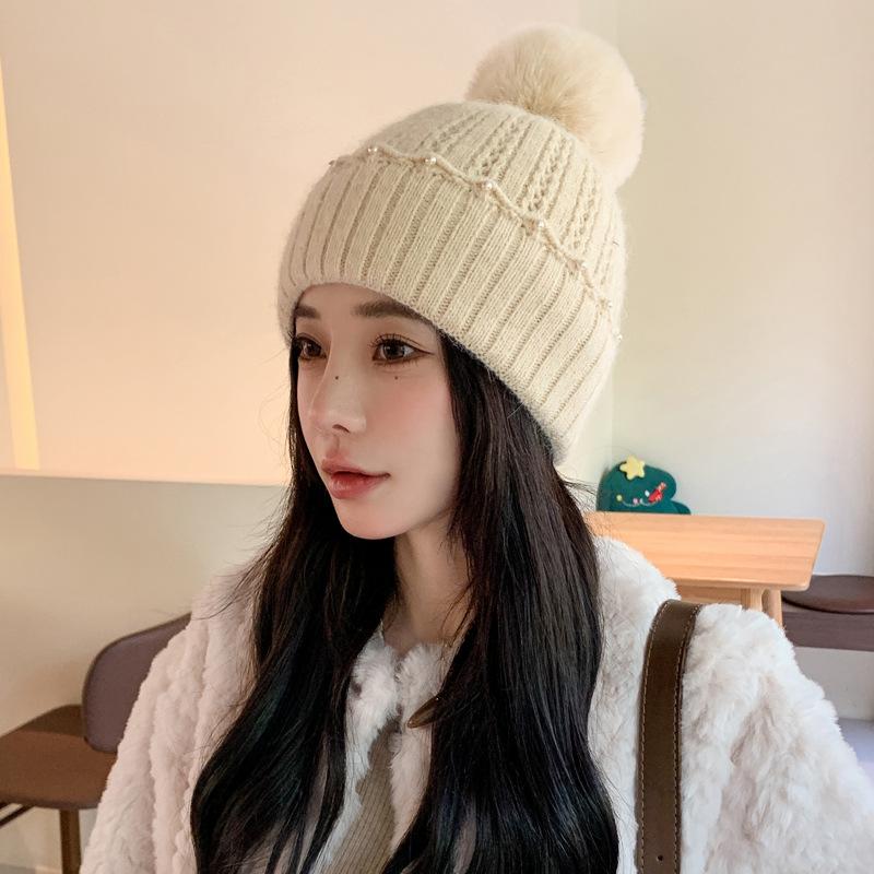Autumn and Winter New Hat Female Rabbit Fur Pearl Fur Ball Hat Solid Color Winter Warm Knitted Wool Hat