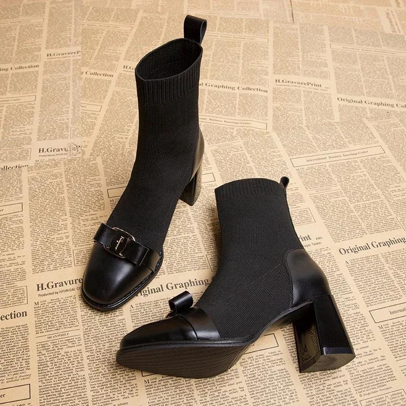 Fashion Autumn Women Knit Ankle Boots Fashion Metal Decoration Slimming Short Booties Autumn Winter Female Thick Heel Shoes