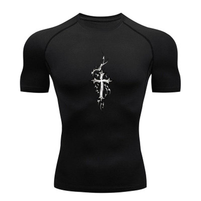 Men's Compression Sports T-Shirt, Punk Chrome Cross Tribal T