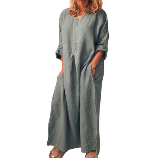 Dames Vintage Effen Kleur Lange Mouw O Hals Zakken Maxi Jurk Tuniek Kaftan