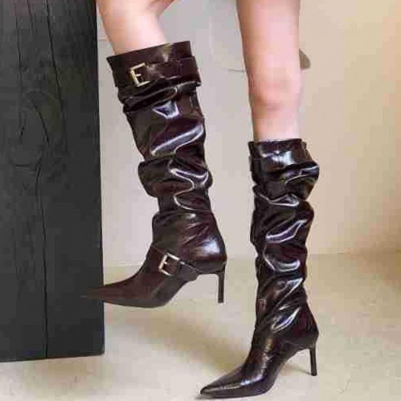 2025 new autumn and winter belt buckle thin heel medium heel high heel boots pleated women's boots stacking boots Martin boots western boots