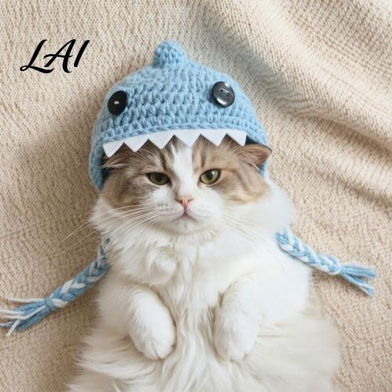 Crocheted Cat Hat Funny Shark Hat Pet with Braided Costume for Halloween Straps Soft Cute Knitted Cats Small Dogs Photography Props