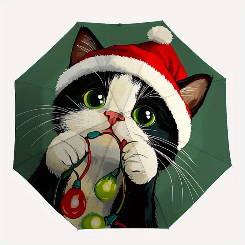

1pc Christmas Cat Automatic Open/Close Umbrella - Compact Travel Umbrella, 8-Rib Heavy-Duty Construction, Ideal Gift, Outdoor Accessory, Sty