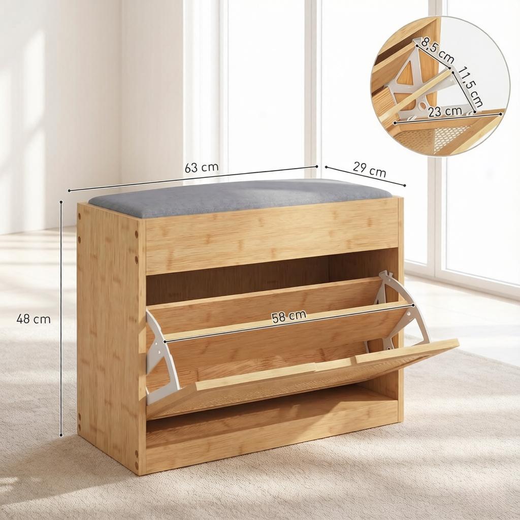 Bamboo Shoe Bench Entrance Area, Storage Bench with Seat Cushion, Rattan Door and Height-Adjustable Shelf