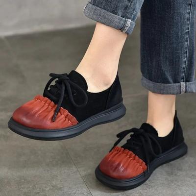 Zapatos planos con cordones de suela suave retro Colores mezclados Zapatos de mujer de cuero genuino con punta redonda