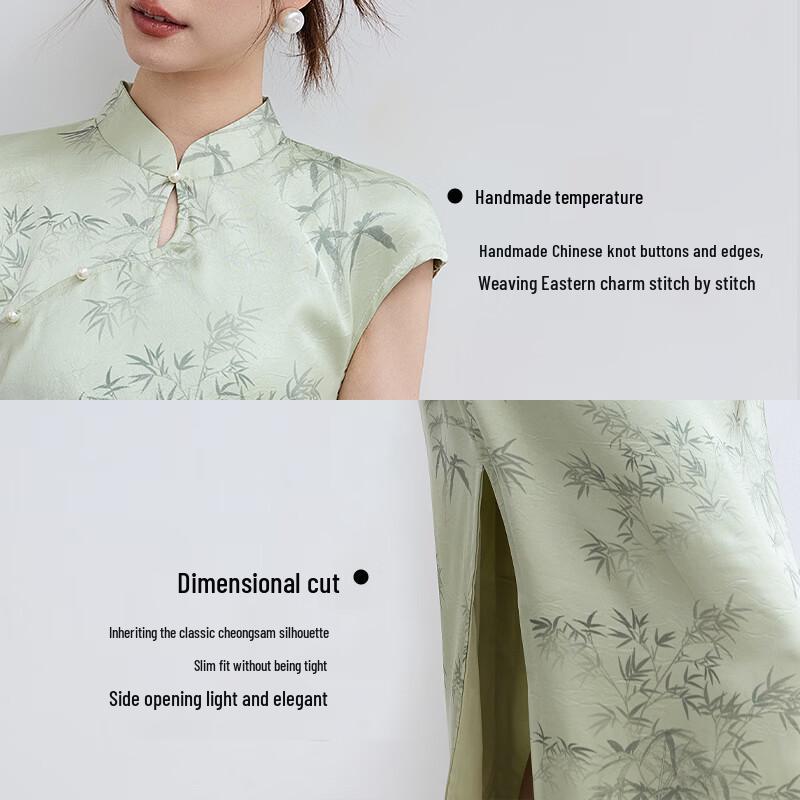 VICTORIA&VERA Summer New Chinese Style Emerald Green Bamboo Print Side Slit Cheongsam Dress