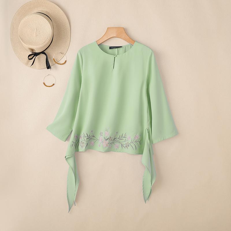 ZANZEA Women Casual Round Neck 3/4 Sleeve Loose Print Blouse