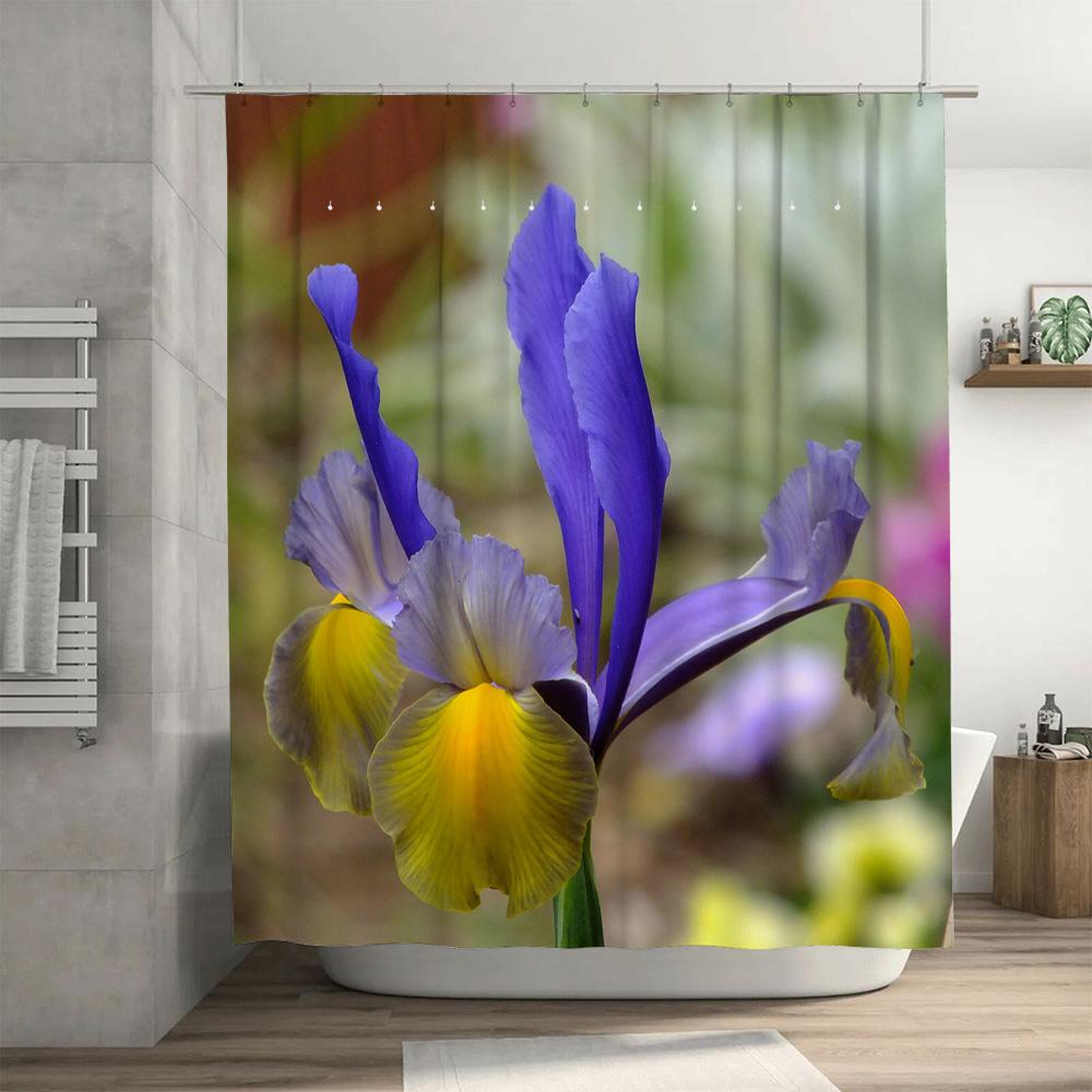 Vibrant Blue and Yellow Iris Shower Curtain for Bathroom Decor Printed Fabric Shower Curtains Set in White Bathrooms Decoration